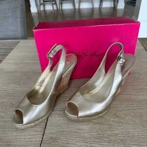 Lilly Pulitzer Gold Metallic Peep-Toe Cork Wedge Sandals
